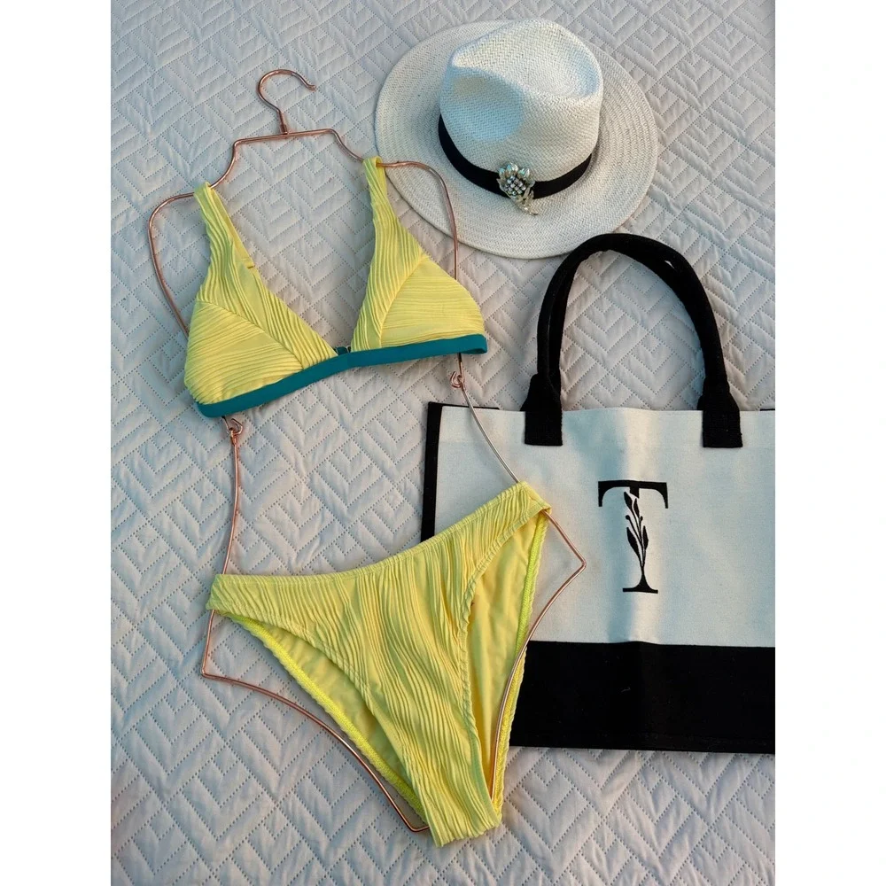 ZAFUL Yellow Bikini Set‎ Textured Two Piece Swimsuit Beach Vacation - Size S